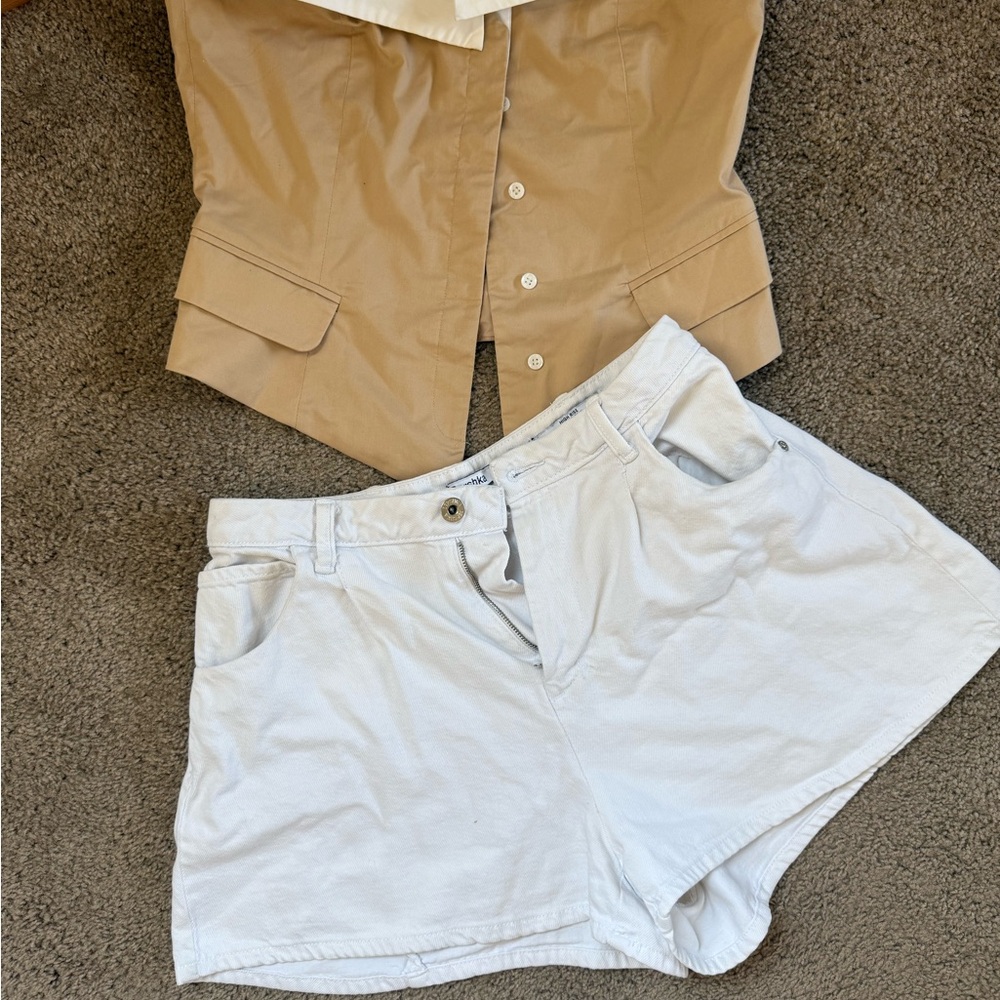 Trendy Beige Crop Top & White Shorts Set, Size M
